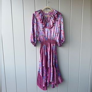 Susan Freis Vintage 80s Satin Abstract Floral Boho Pleated Ruffle Dress Pink M